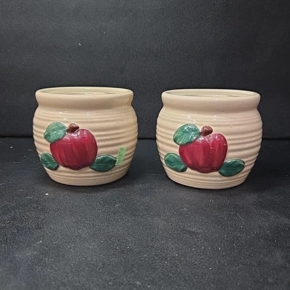 Ceramic Bright Red Apple Candleholders, Set of 2, Vintage Hand Painted Votives